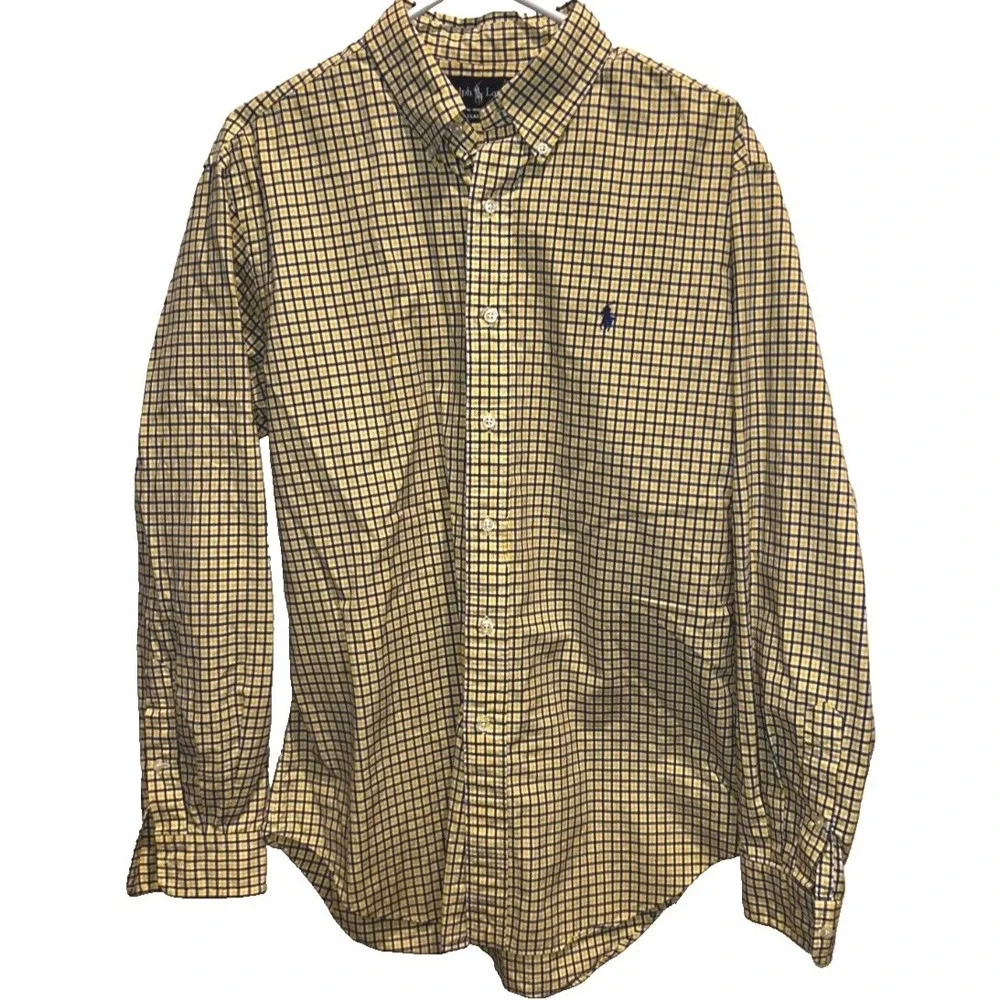 Polo Ralph Lauren Shirt Large Men's Yellow Navy‎ Check Classic Fit Button Down